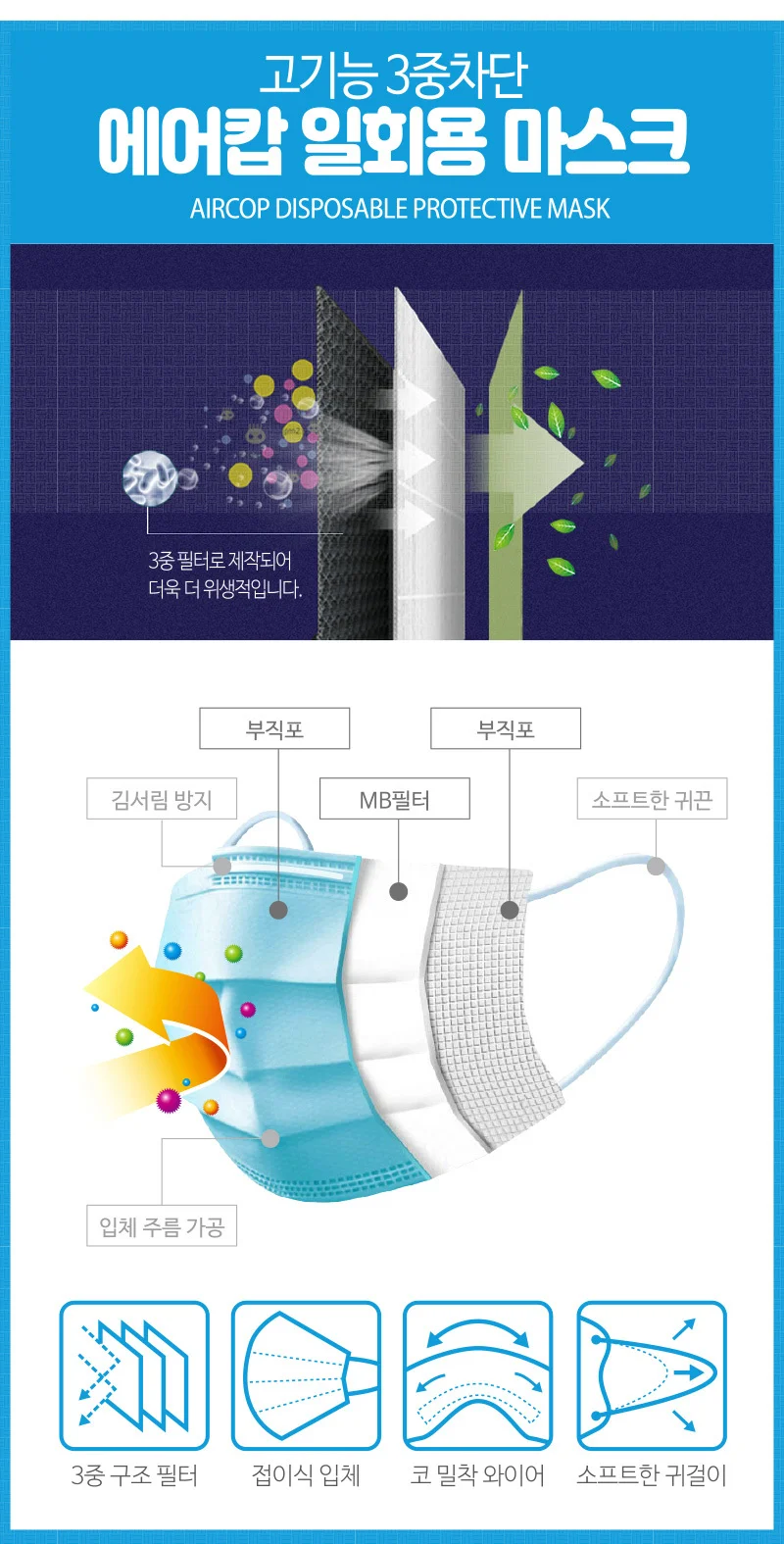 에어캅 일회용 부직포 마스크 5매입 (성인용/어린이용) 상세4