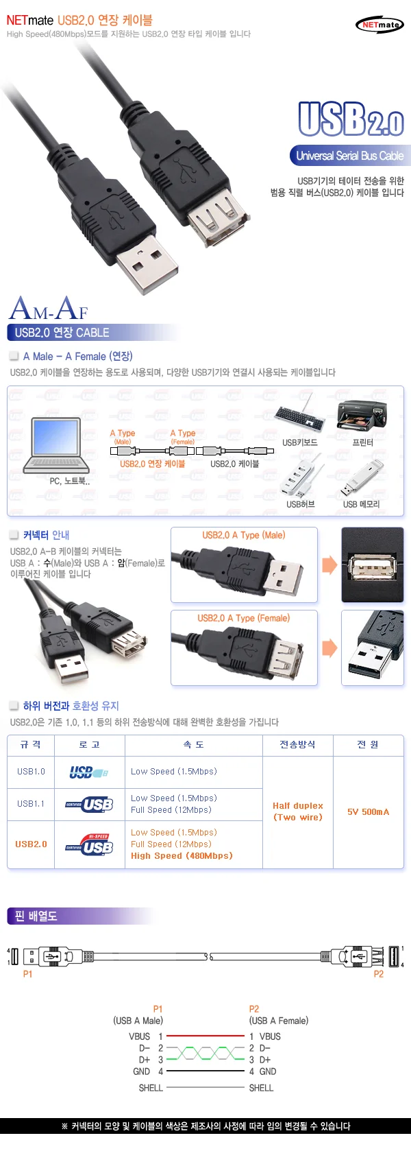 NETmate USB2.0 연장케이블 1m 블랙 상세1