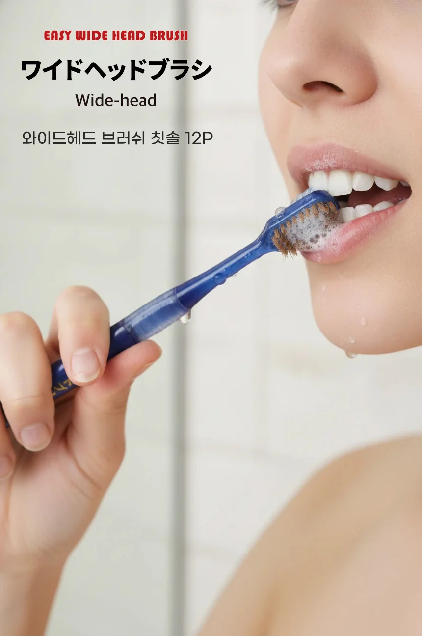 이지 와이드헤드 칫솔 12개입 이중 칫솔모 어금니 틈새 양치 잇몸 부드러운 미세모 상세1
