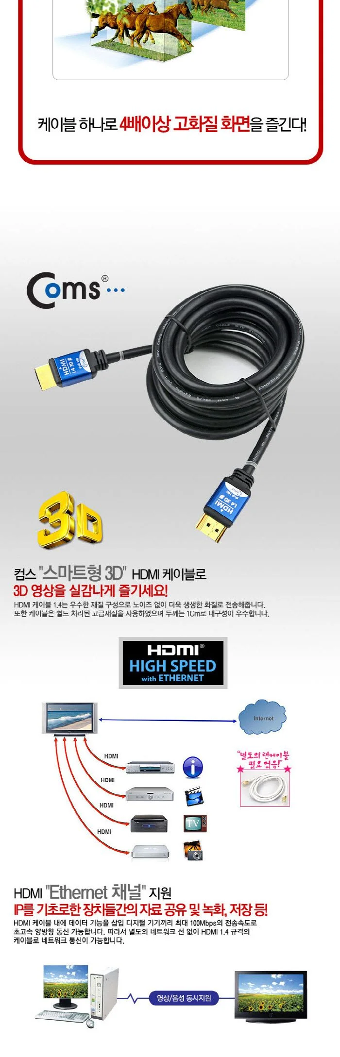 Coms HDMI 케이블 v1.4 고급 Blue Metal 1.8M 상세4