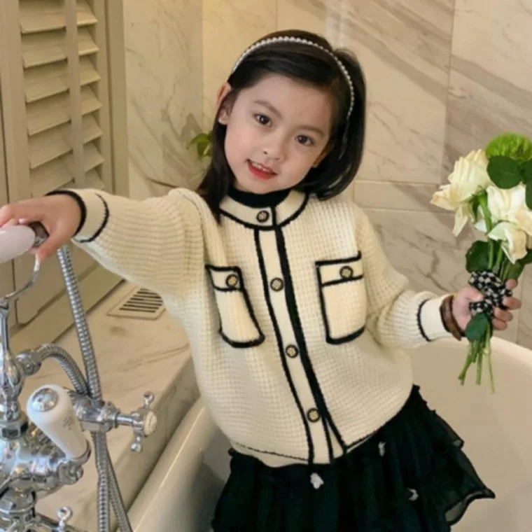여아 아동 고급 라운드넥 포켓 긴팔 트위드 가디건