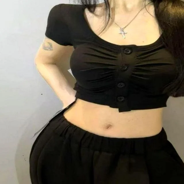 여성반팔티셔츠 단추셔링 숏기장 캐주얼 4컬러