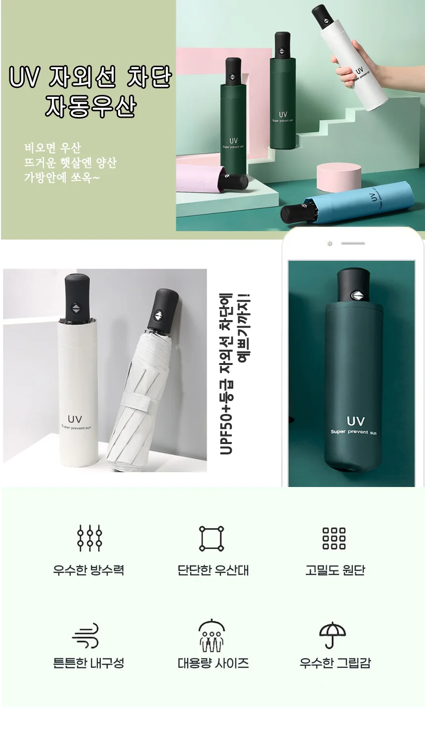 UV 자외선차단 3단 자동 접이식우산 판촉인쇄 상세4
