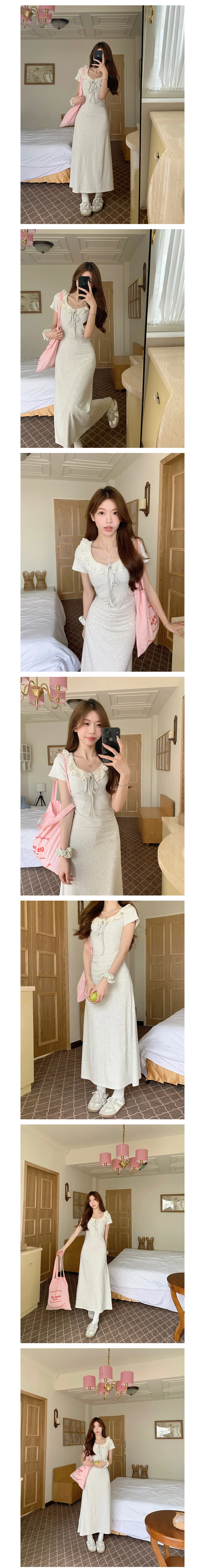 레이스 카라 롱 원피스 캐주얼 휴가룩 면원피스 반팔 시원한 상세1