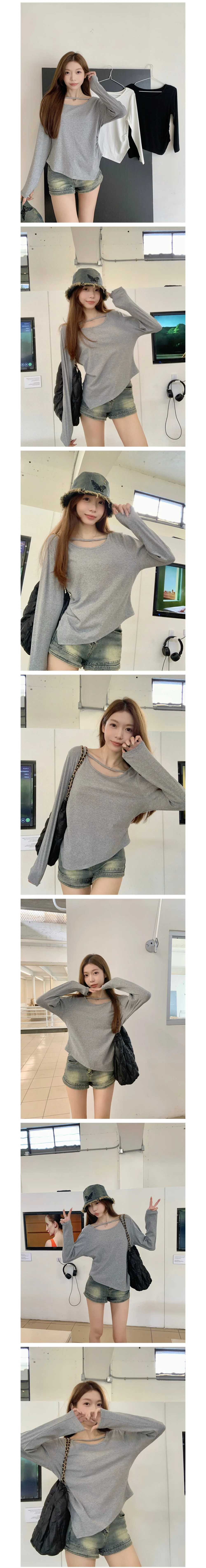 여성 긴팔 티셔츠 셔링 라운드넥 언발런스 무지 상의 상세1