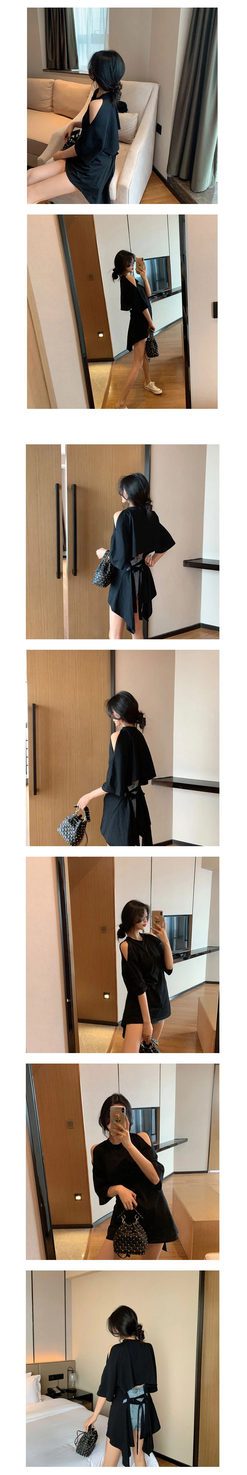 티셔츠 어깨 펀칭 뒷리본 언발란스 크롭탑 상의 상세2
