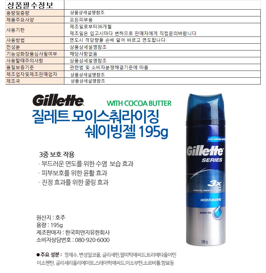 질레트 쉐이브젤3X-모이스처 195g 상세1