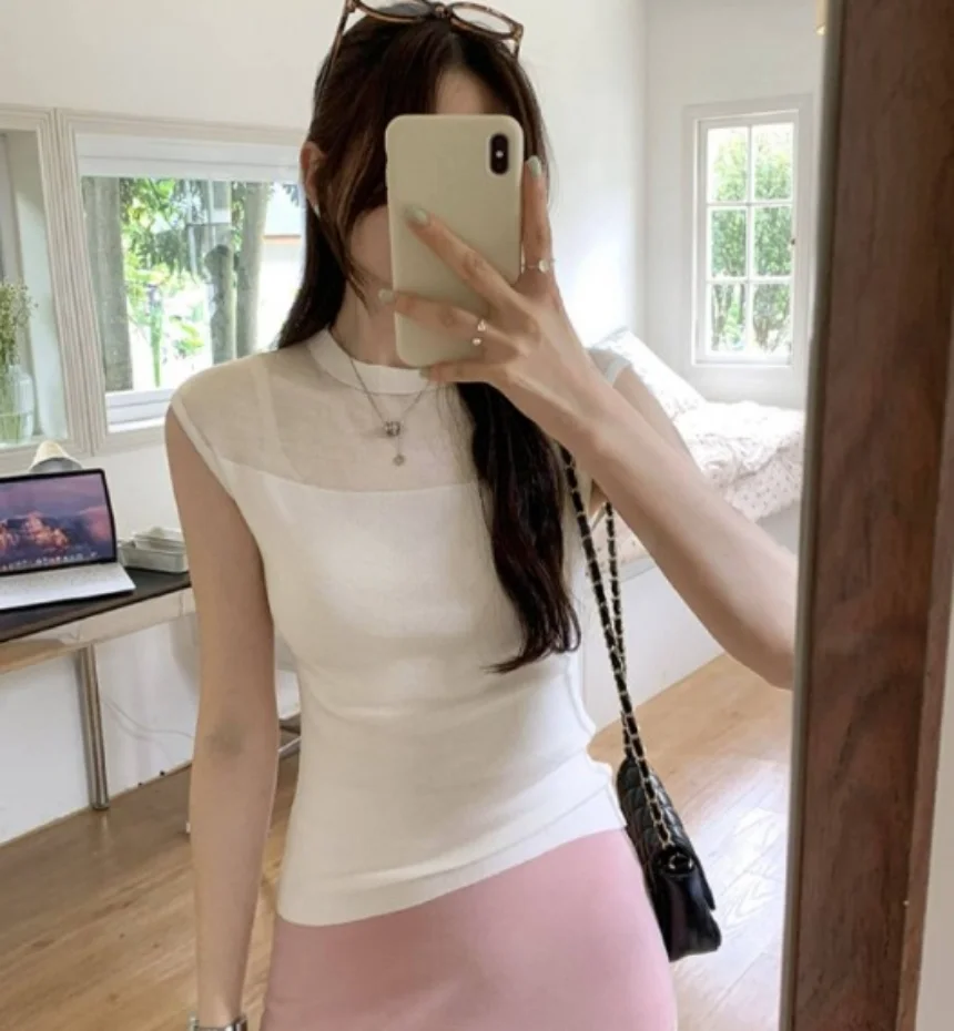 니트탑 쿨소재 시스루 캡소매 여리핏 나시 시스루탑 상세1