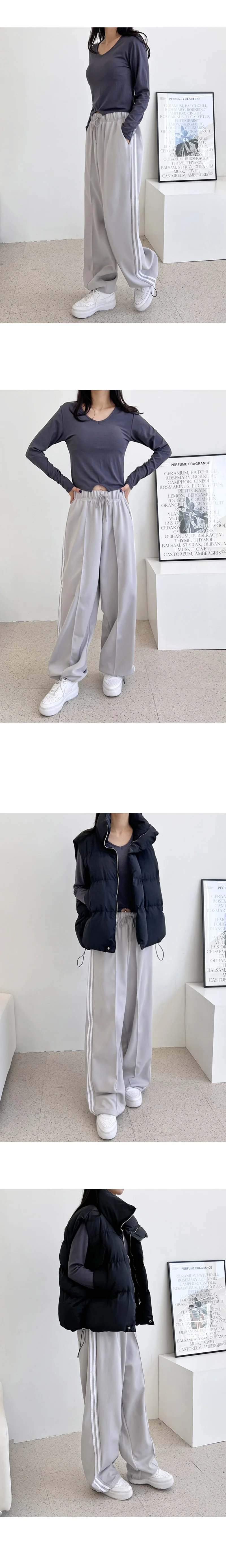 배색 라인 조거 팬츠 여성 밴딩 트레이닝 바지 와이드 핏 상세2