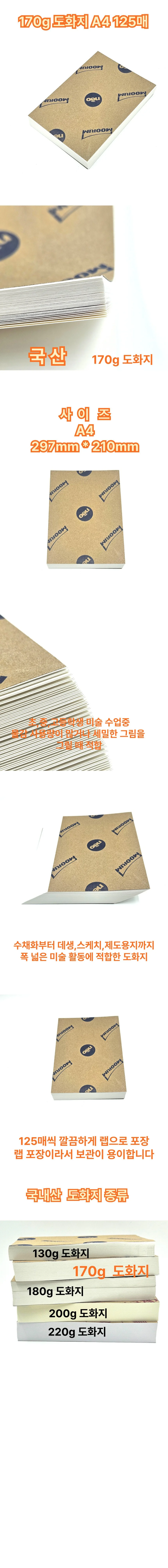 A4 사이즈 도화지 170g 백색 125매 수채화 미술용 상세1