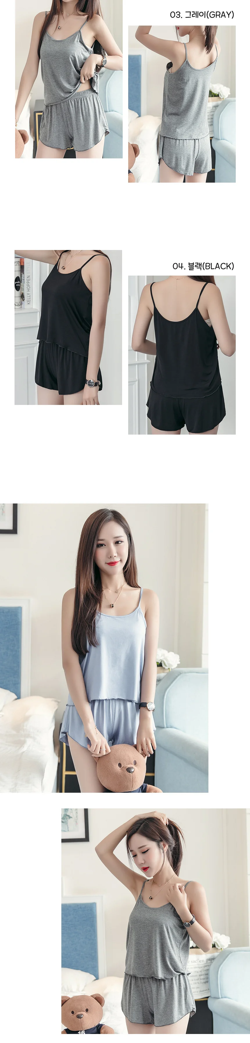 여성 민소매 나시 반바지 여름 잠옷 면 파자마 홈웨어 상세3