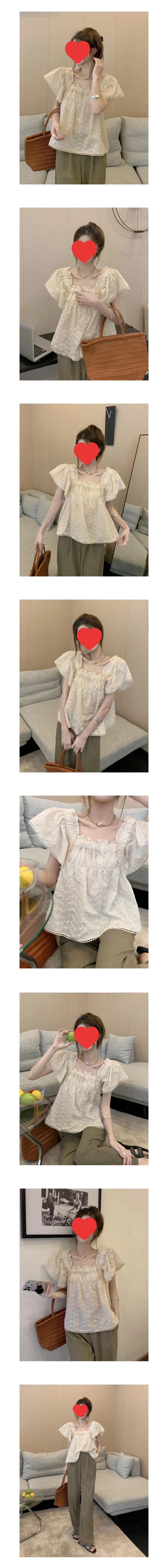 펀칭 레이스 반팔 블라우스 페미닌룩 데일리룩 상세2