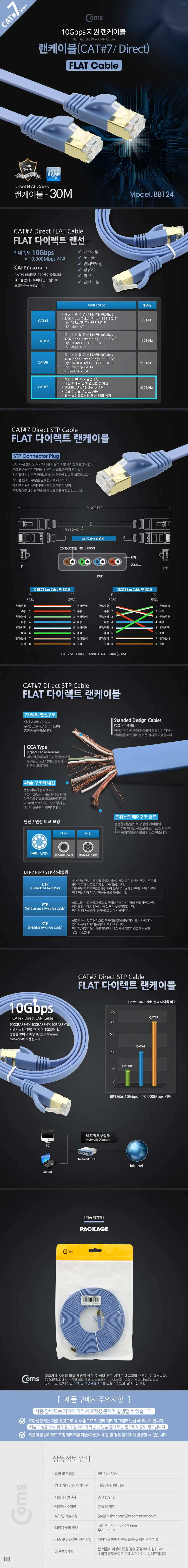 Coms 랜케이블 Cat7 플랫 30M 랜선 인터넷선 케이블 상세2