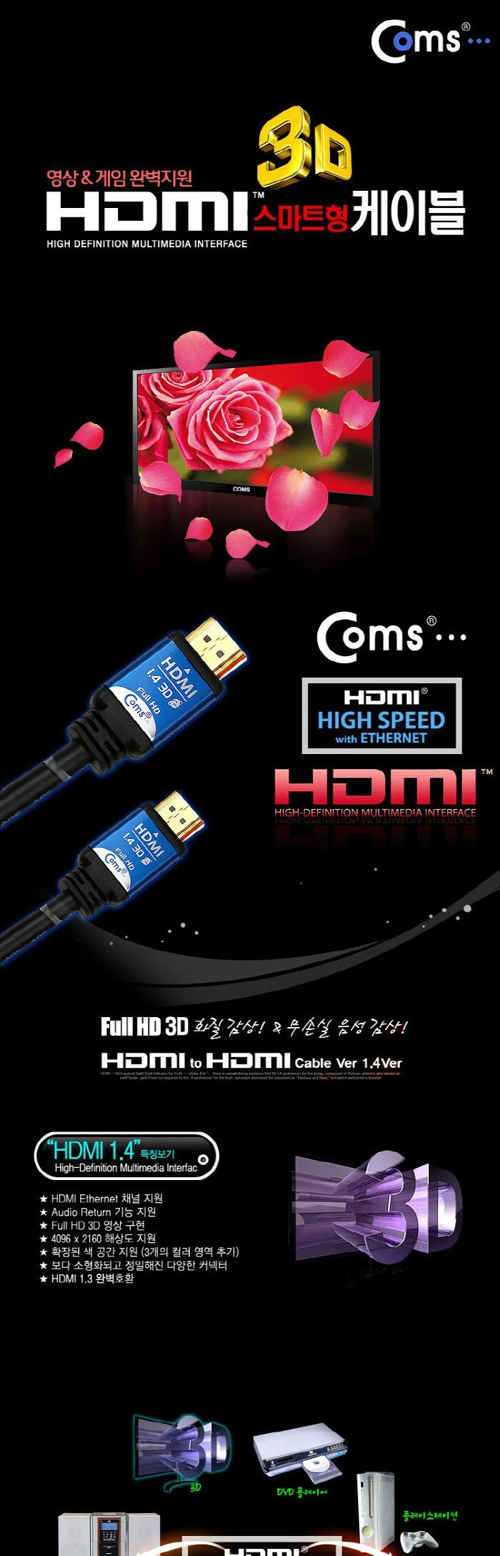Coms HDMI 케이블 v1.4 고급 Blue Metal 1.8M 상세1