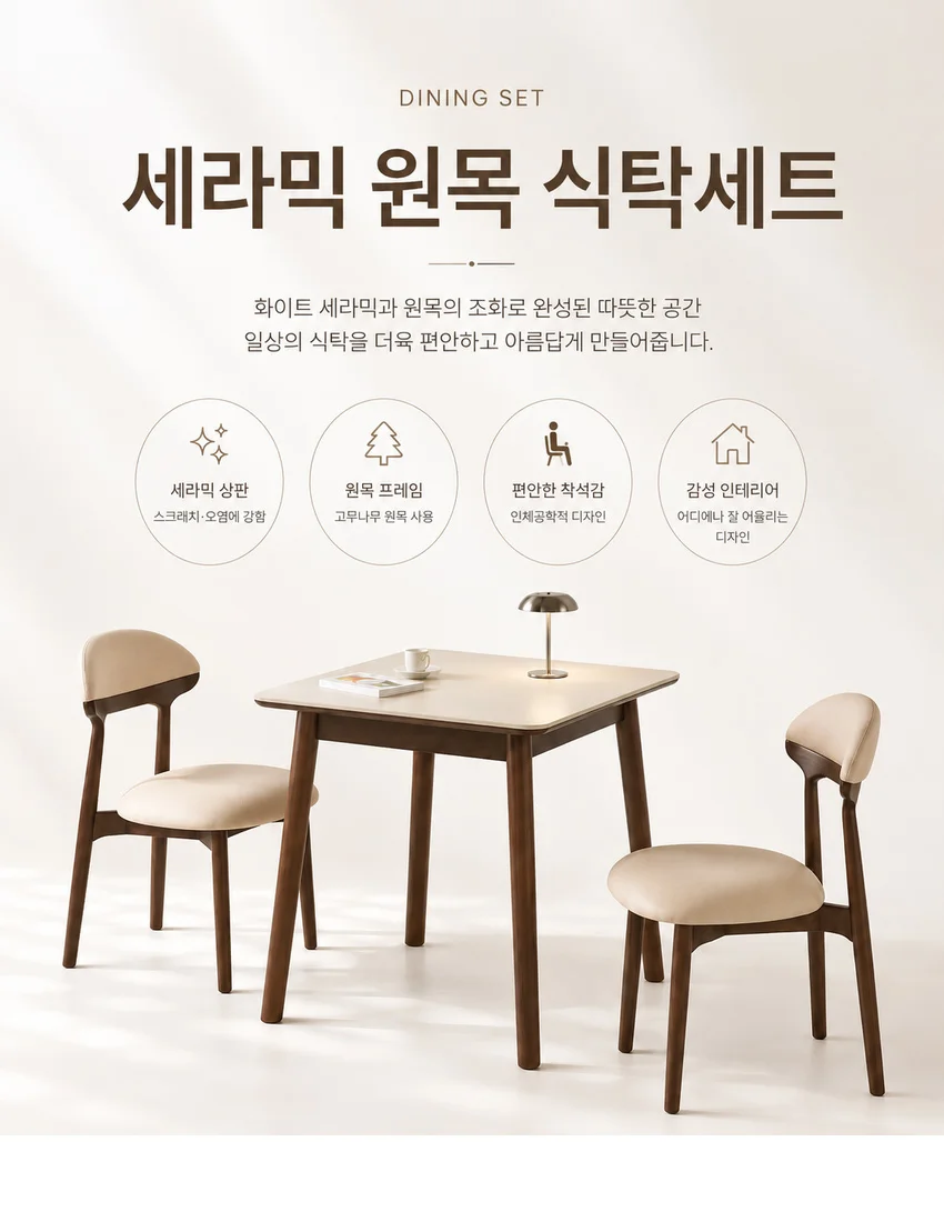 가구산책 세라믹 2인용 원목식탁 세트 RD407 상세2