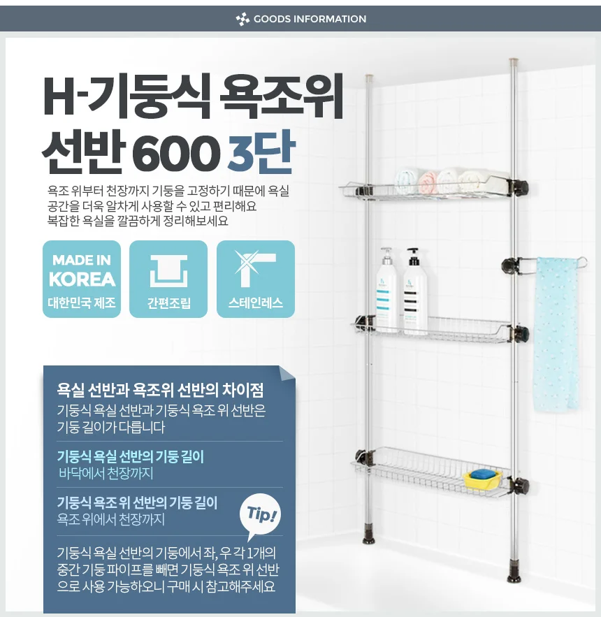 60cm 선반 코너 3단 정리대 욕실 욕조 화장실선반 상세1