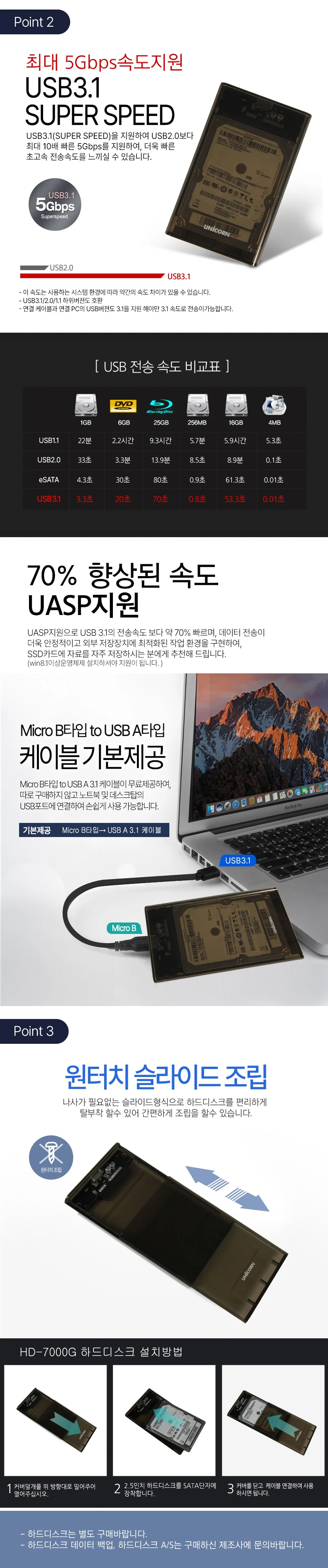 유니콘 A타입 2.5인치 USB3.1 외장하드케이스 HDD SDD HD-7000G 상세2