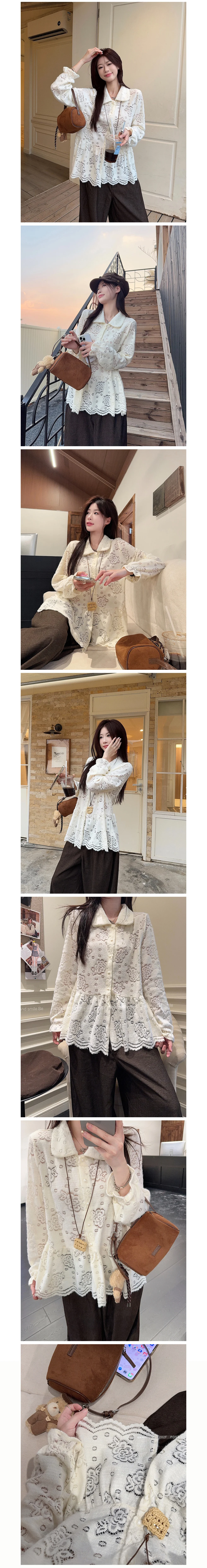 플라워 펀칭 카라 플레어 긴팔 루즈핏 블라우스 물결블라우스 퍼프블라우스 상세2
