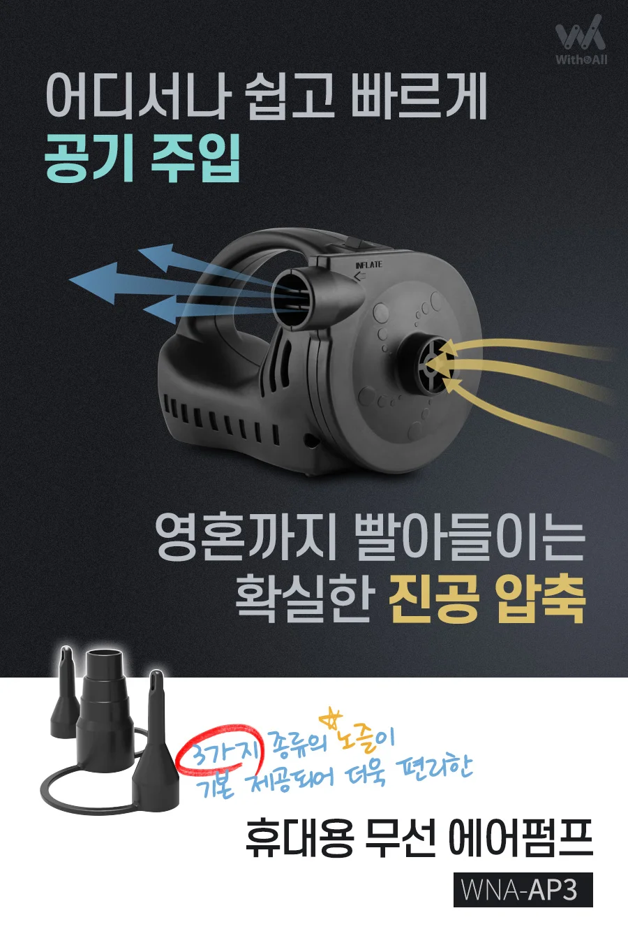 휴대용 미니 무선 전동 에어펌프 튜브 에어매트 공기주입기 진공압축 WNA-AP3 상세1