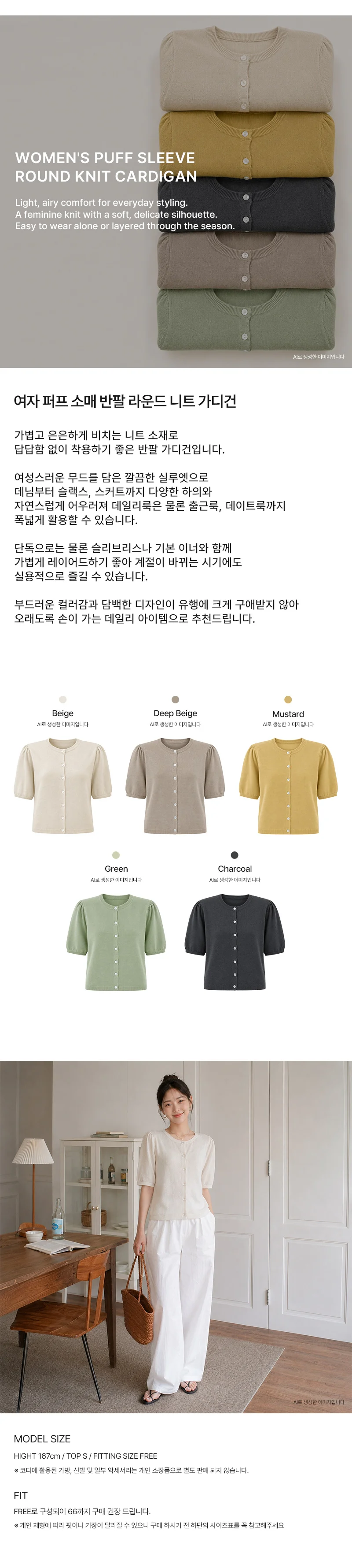여성 루즈핏 여름 퍼프 소매 반팔 라운드넥 니트 가디건 상세1