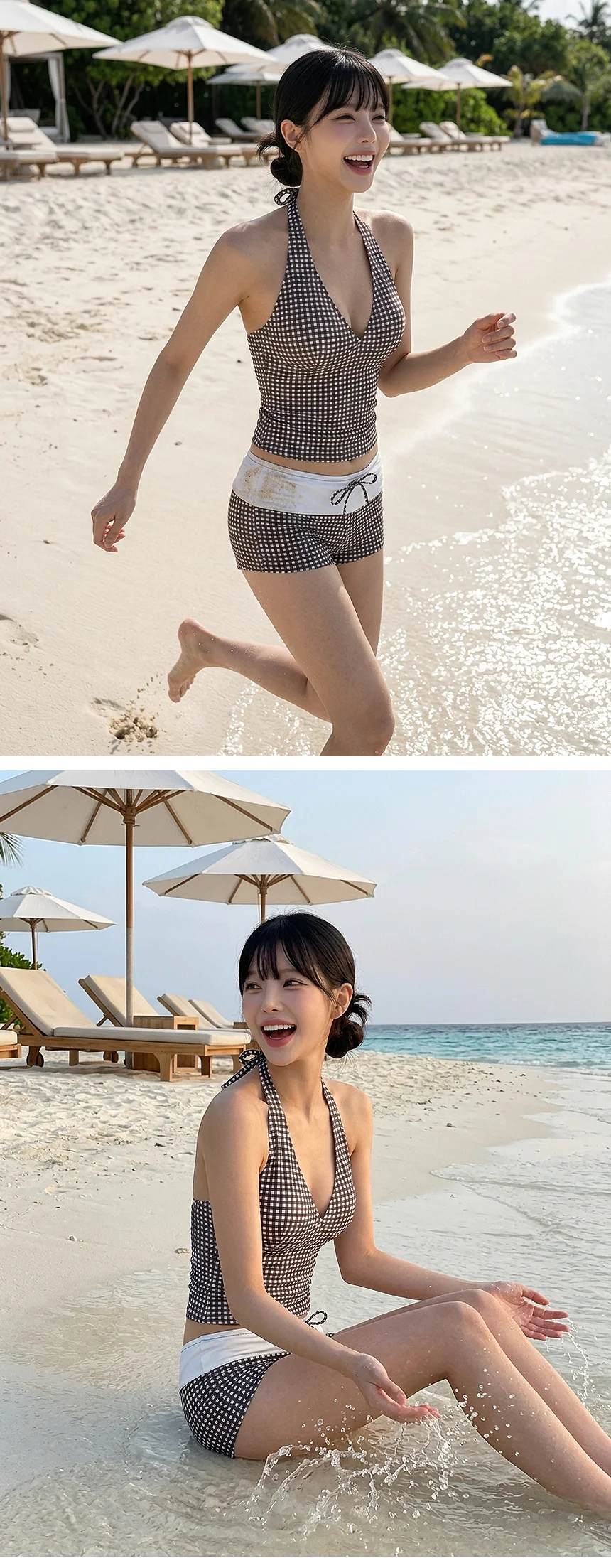초코베리비키니 체크 홀터넥 수영복 스포티 숏츠 세트 상세3