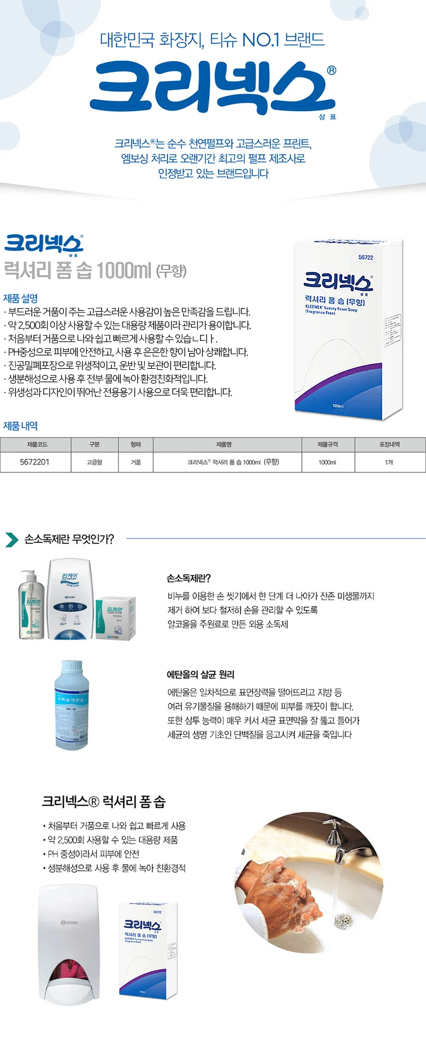 크리넥스 거품 비누 손 세정제 무향 1000mlx6개 상세3