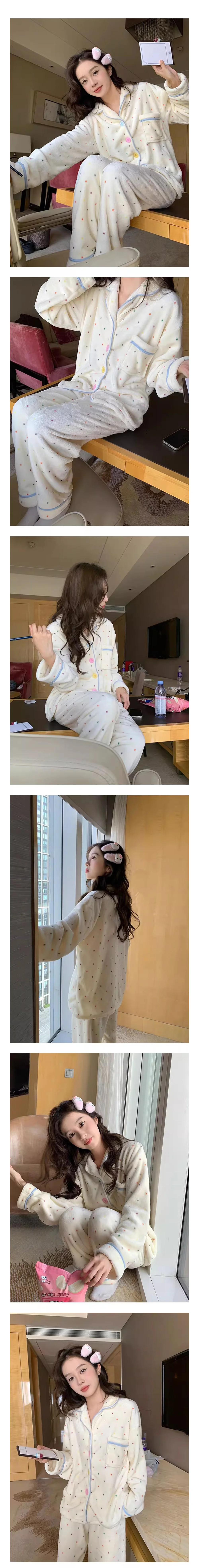 도트 카라 기모 귀여운 땡땡이 잠옷 세트 파자마 수면잠옷 포근한 상세2