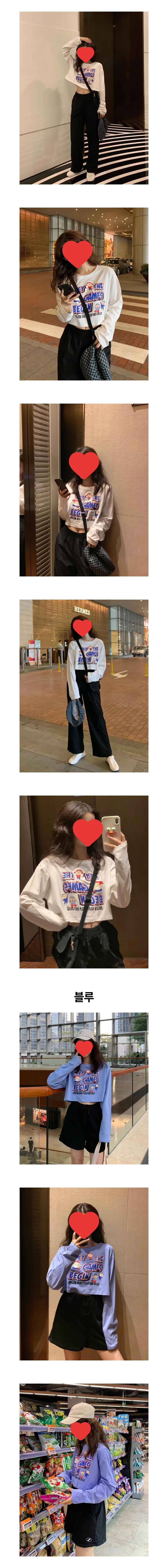 긴팔 크롭티 라운드 프린팅 오버핏 티셔츠 페미닌룩 데일리룩 상세2