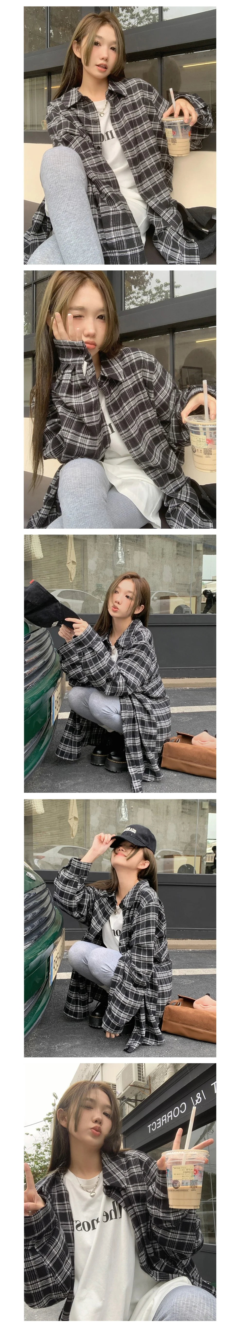 여성 체크 남방 블랙 오버핏 긴팔 셔츠 캐주얼룩 상세2