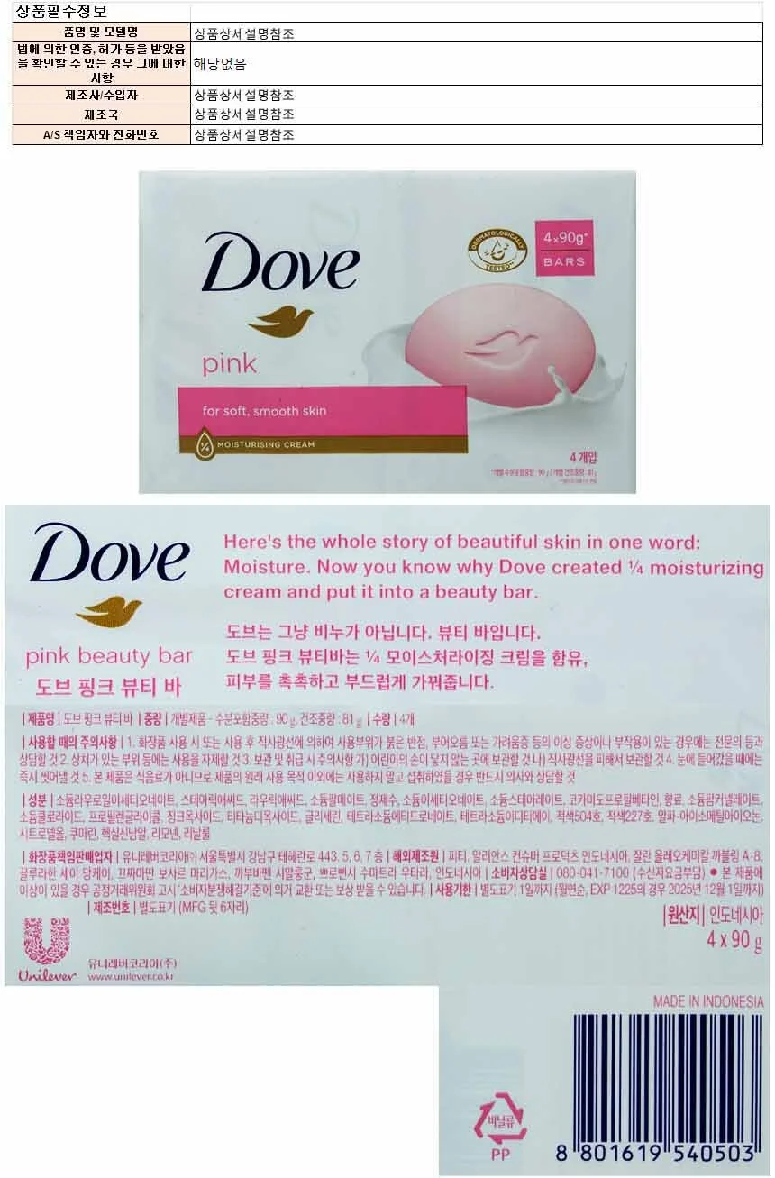 도브 핑크 뷰티바 90g 4입 1개 상세1