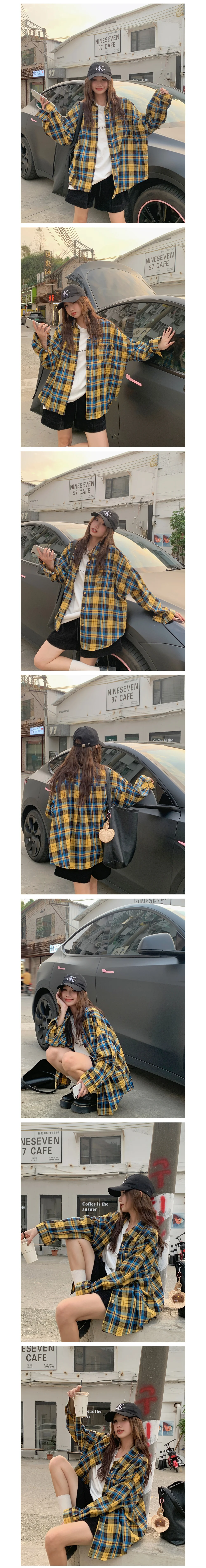 노랑 파랑 체크 오버핏 카라 셔츠 상세1