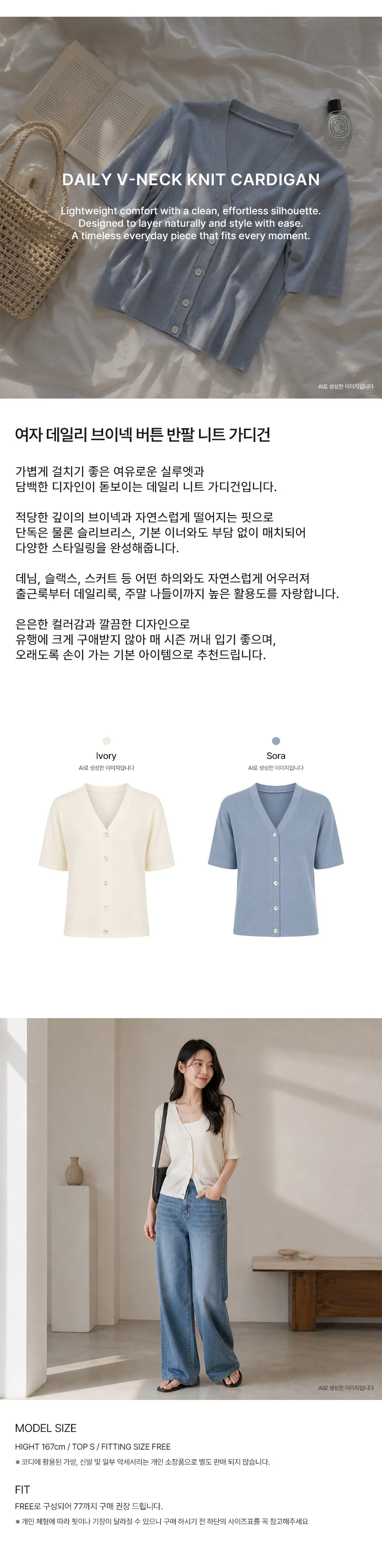 여성 여름 브이넥 버튼 단추 반팔 세미크롭 니트 가디건 상세1