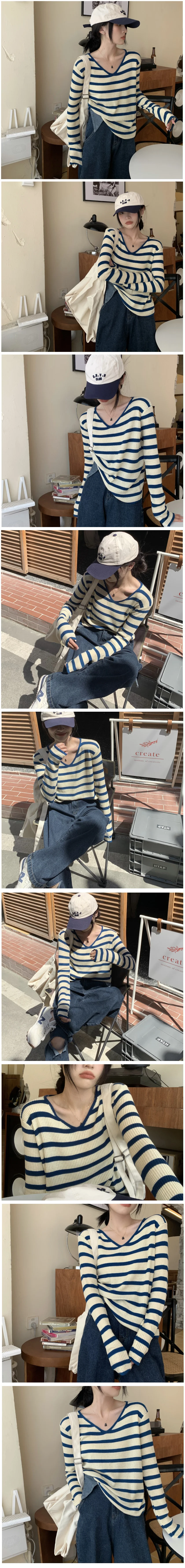 여성 브이넥 니트 티셔츠 스트라이프 긴팔 상의 간절기 데일리룩 상세3