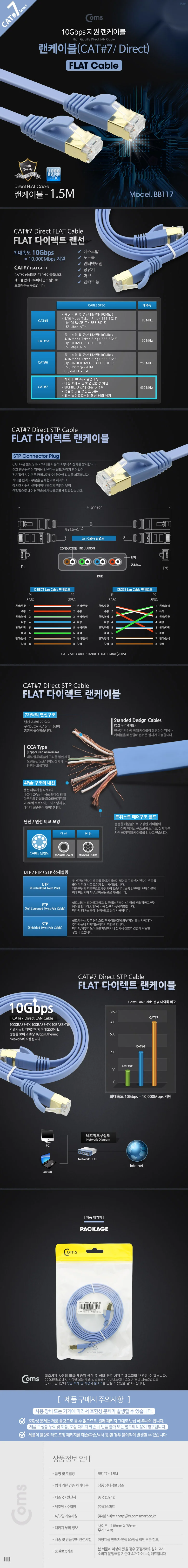 Coms 랜케이블 Cat7 플랫 1.5M 랜선 인터넷선 케이블 상세3