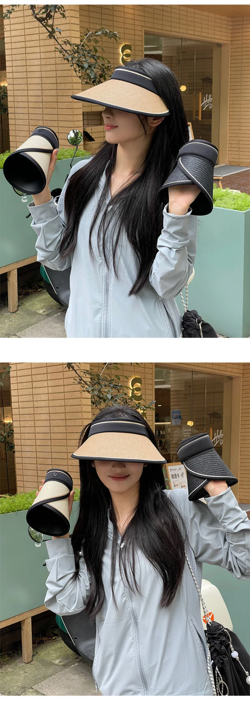 썸머모자 여성선캡 바캉스모자 접는모자 베이지 해변밀짚모자 상세5