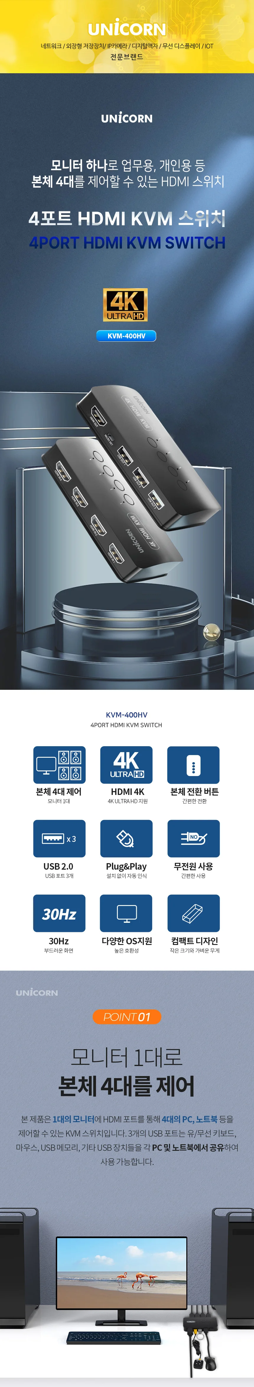 무전원 4 포트 kvm 스위치 hdmi kvm 스위치 4대 공유 상세1