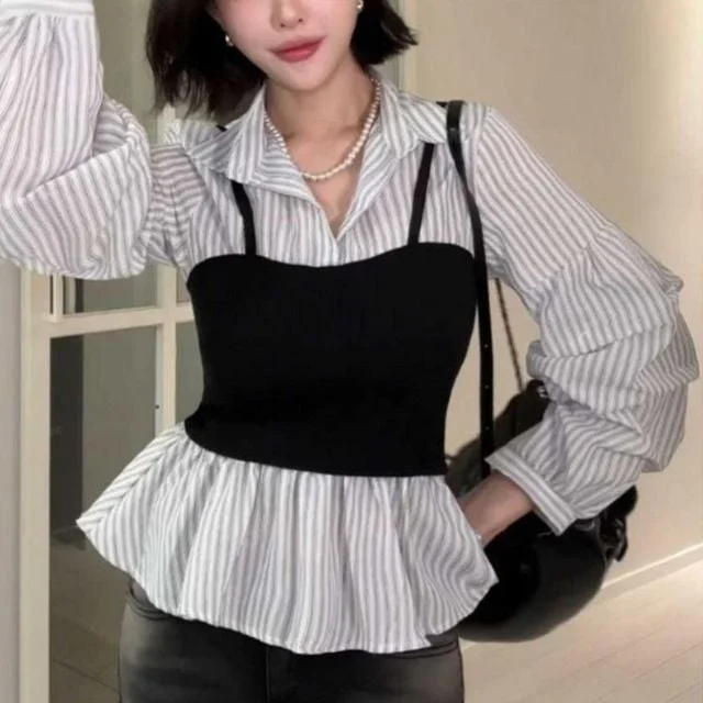 뷔스티에 조끼 레이어드 셔링 소매 스트라이프 셔츠 스트라이프셔츠 뷔스티에블라우스