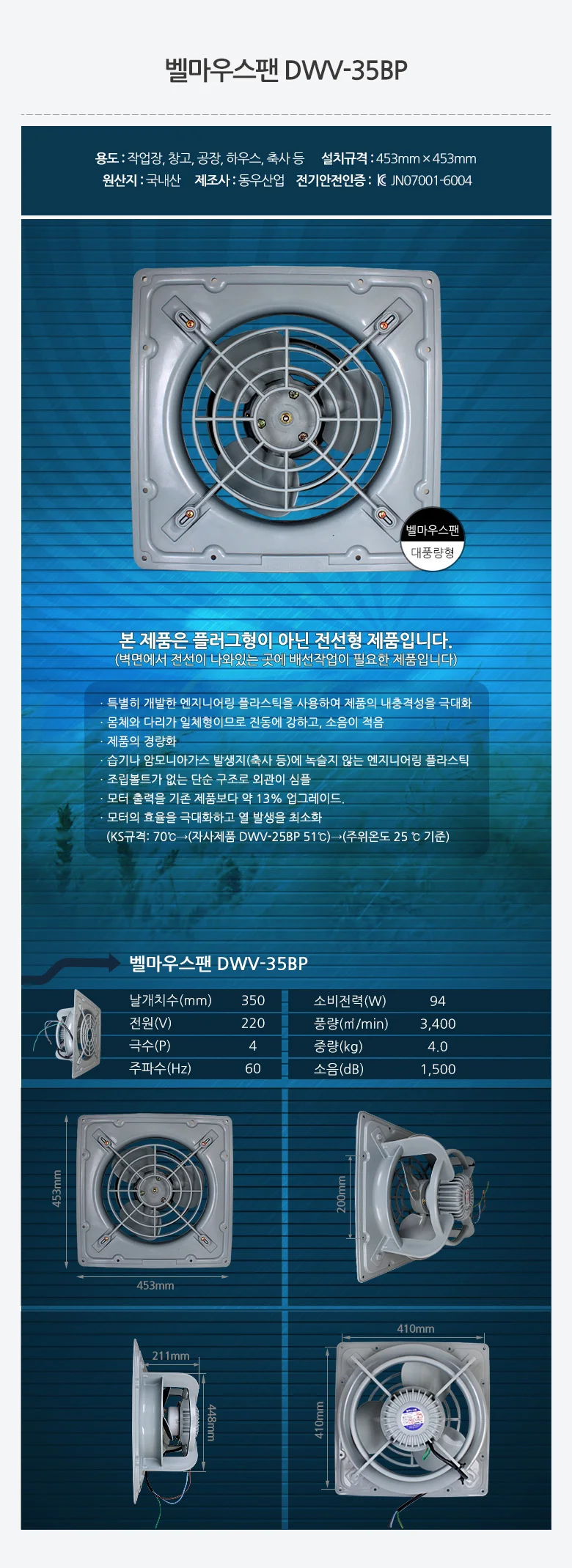 환풍기 벨마우스 35cm 철제환풍기 벽부형환풍기 비닐하우스환풍기 상세1