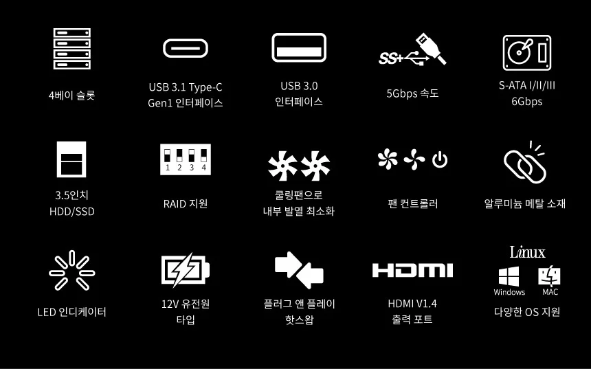 USB3.1 HDMI V1.4 C타입 GEN1 4베이 RAID 데이터 스토리지 노트북 데스크탑 PC 컴퓨터 전송속도 5GBPS 상세5