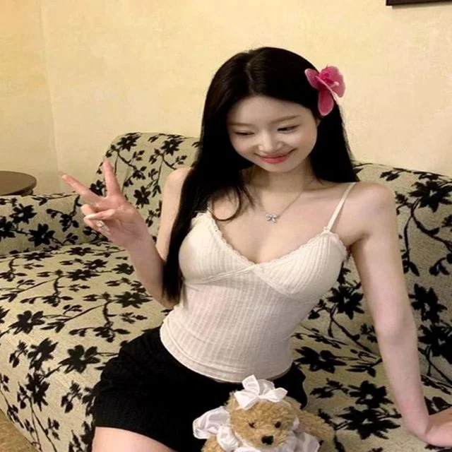 레이스끈나시 여성 골지 슬림핏 탈부착패드 3컬러