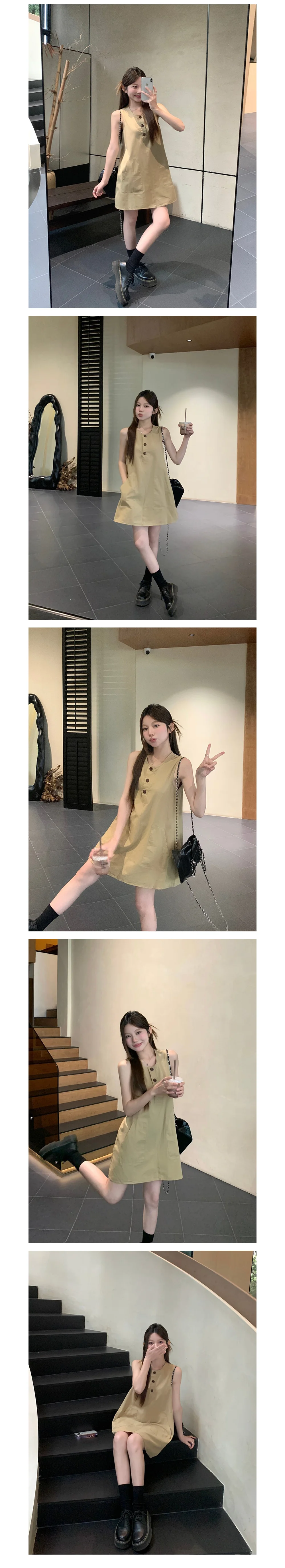 캐주얼 여름 민소매 미니 원피스 버튼 나시 A라인 플레어 상세2