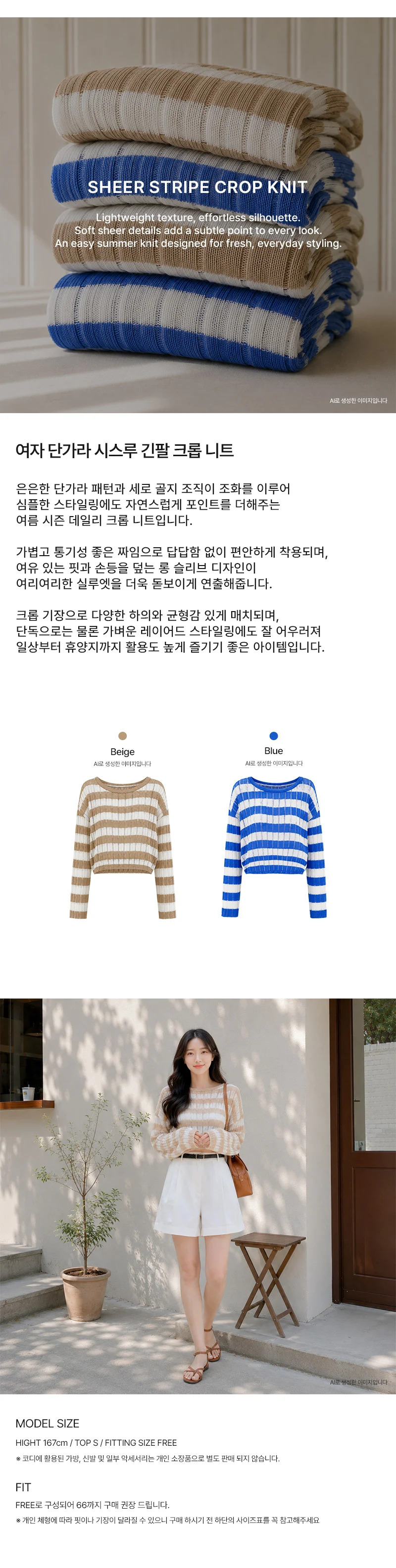 여성 여름 살안타템 단가라 시스루 긴팔 크롭 니트 상세1