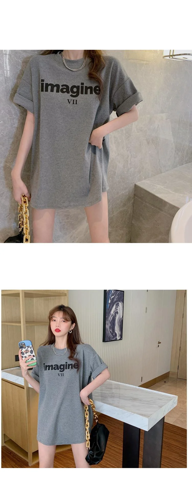 여성 오버핏 박스티 롱 반팔 티셔츠 루즈핏 상의 상세3