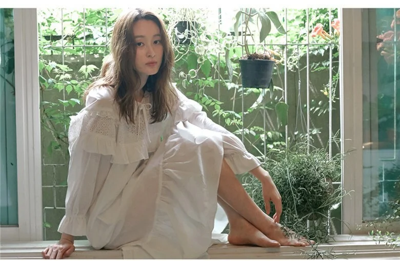 여성 홈웨어 레이스 리본 순면 원피스 잠옷 실내복 상세5