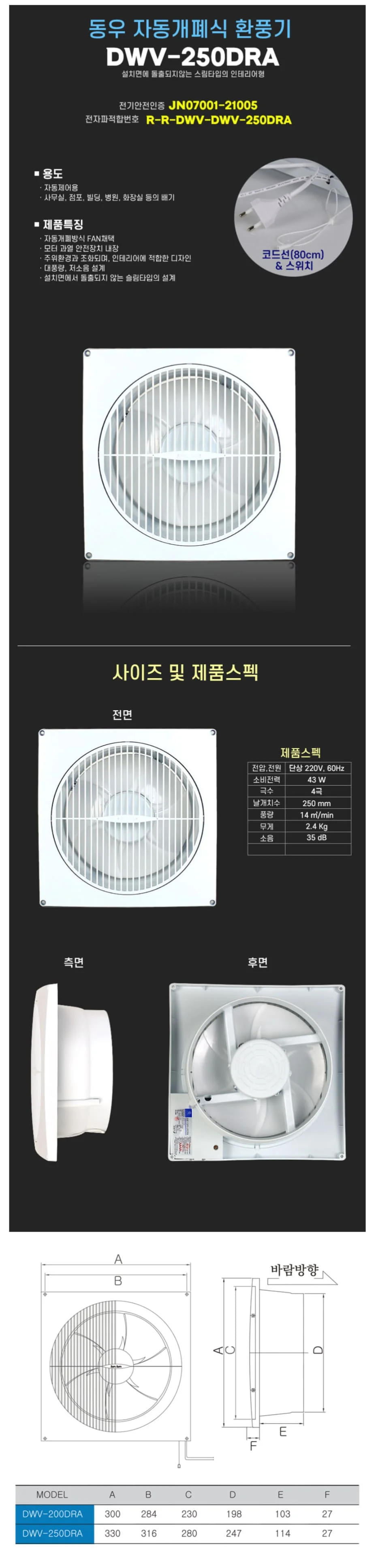 게폐식 환풍기 가정 업소 화장실 환풍기 후황 닥트G 상세2