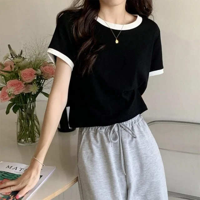 여성 반팔 크롭티 배색 포인트 여름 상의 데일리룩 티셔츠