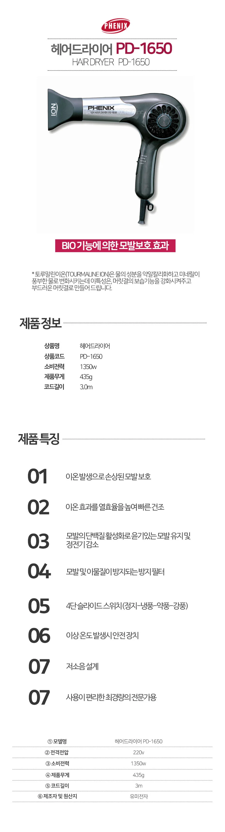 헤어 드라이기 미용실 가정 건조 드라이어 BK 1350W 상세2