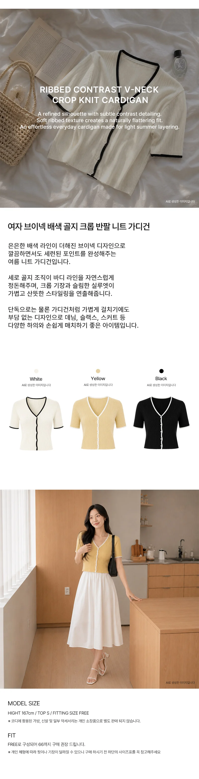 여성 슬림핏 브이넥 배색 골지 크롭 반팔 니트 가디건 상세1