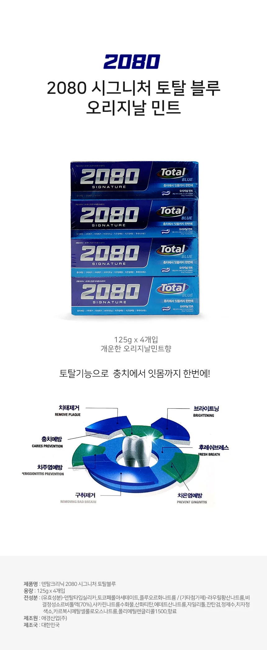 애경 2080 시그니처 토탈블루 오리지날민트 치약 4개입 충치 잇몸까지 한번에 상세2