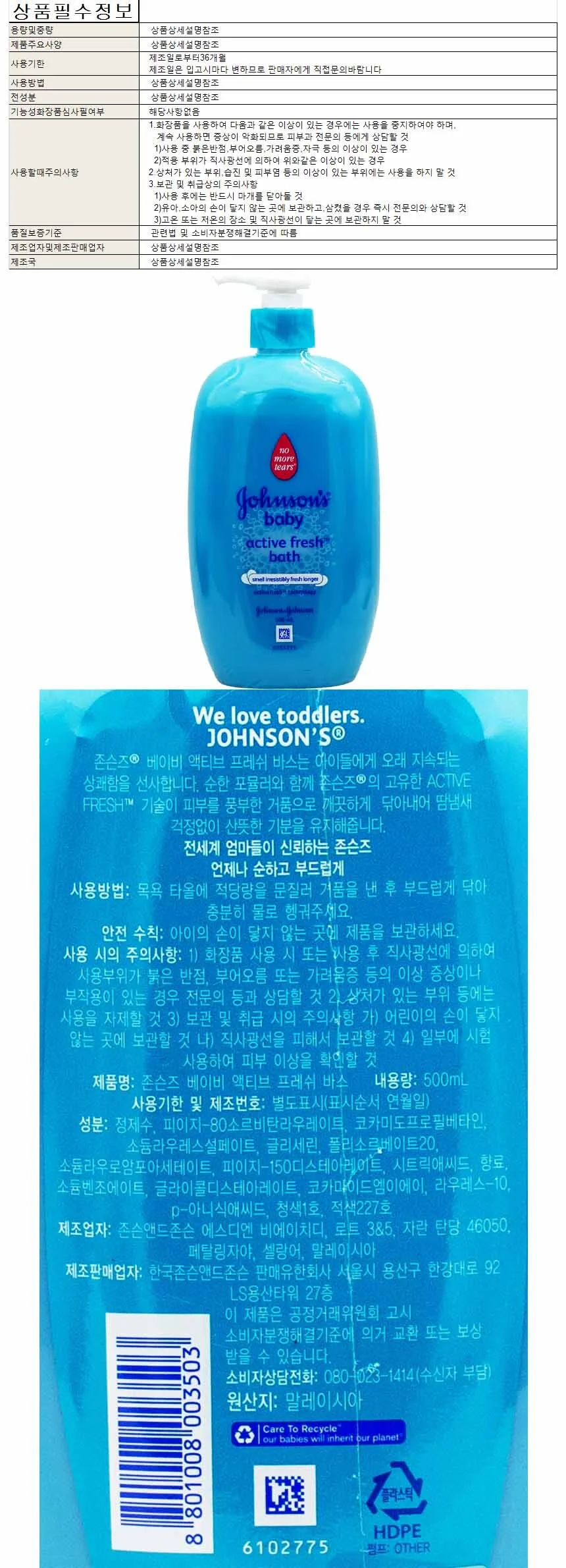 존슨즈베이비 액티브 프레쉬 바스 500ml 상세1